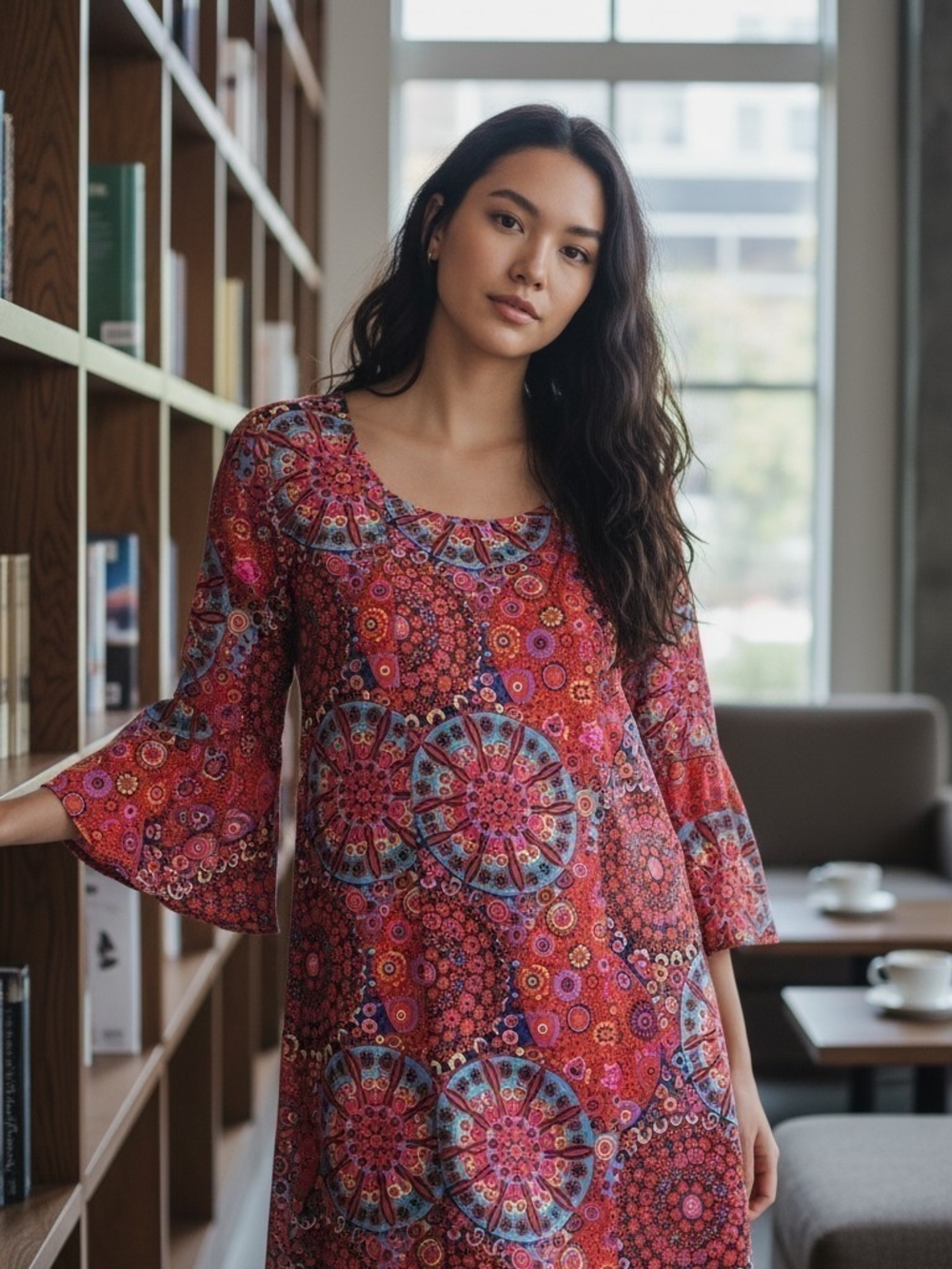 Uncle Frank Red Multi Paisley-Mandala Bell-Sleeve Tunic
